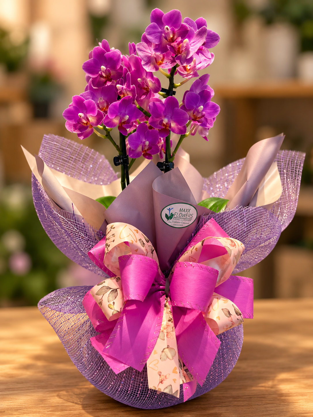 Mini orquidea especial 2 embalada em tela e laço
